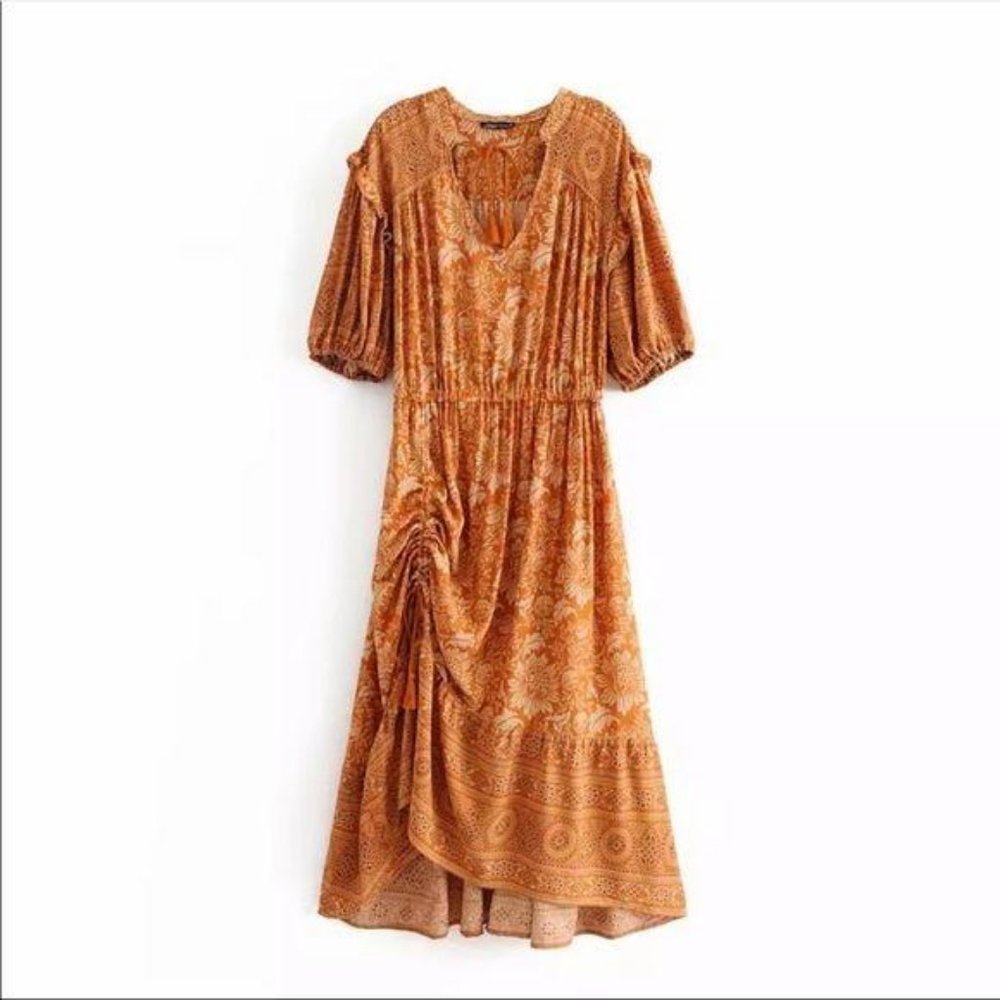 Bohemian Gypsy Print Ruffle Floral Dress Orange - Picture 6 of 13